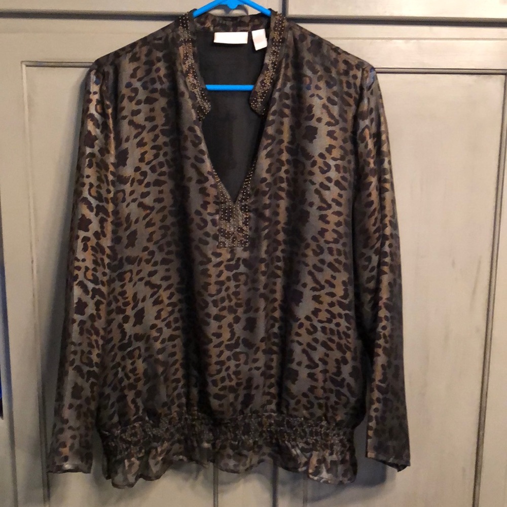 Chico’s Animal Print Sheer Beaded Neck Size 3